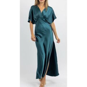 Dress Forum Womens Bat Wing Sleeve Satin Maxi Dress Deep Jasper Size Small NWT‎